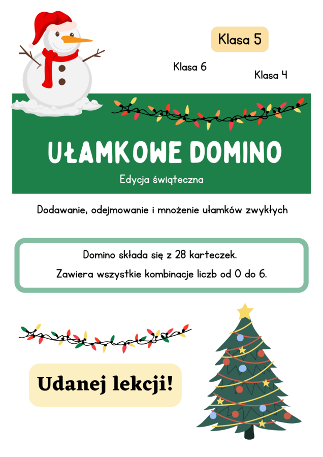 Ułamkowe domino. Świąteczna gra. Klasa 5 i nie tylko :)