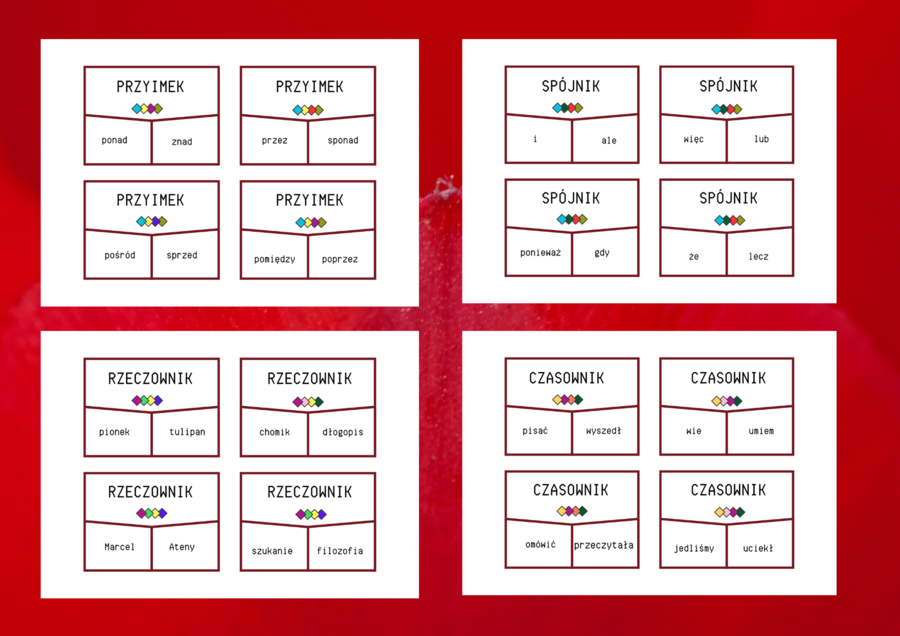 CZĘŚCI MOWY - układanka - egzamin - powtórka - 72 fiszki - gramatyka