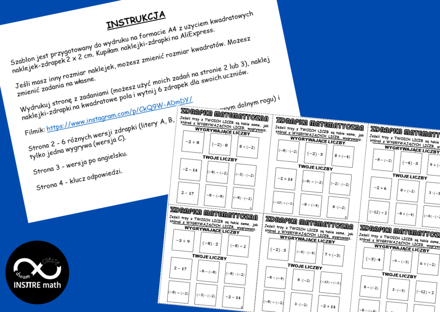 Darmowy szablon (edytowalny). Zdrapki matematyczne z liczb całkowitych:)