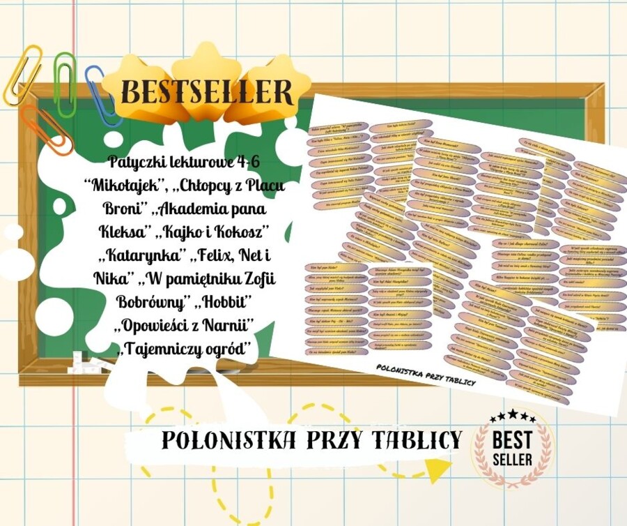 Patyczki lekturowe "Mikołajek" "Chłopcy z Placu Broni" "Akademia pana Kleksa" "Kajko i Kokosz" "Katarynka" "Felix, Net i Nika" "W pamiętniku Zofii Bobrówny" "Hobbit" "Opowieści z Narnii" "Tajemniczy ogród"
