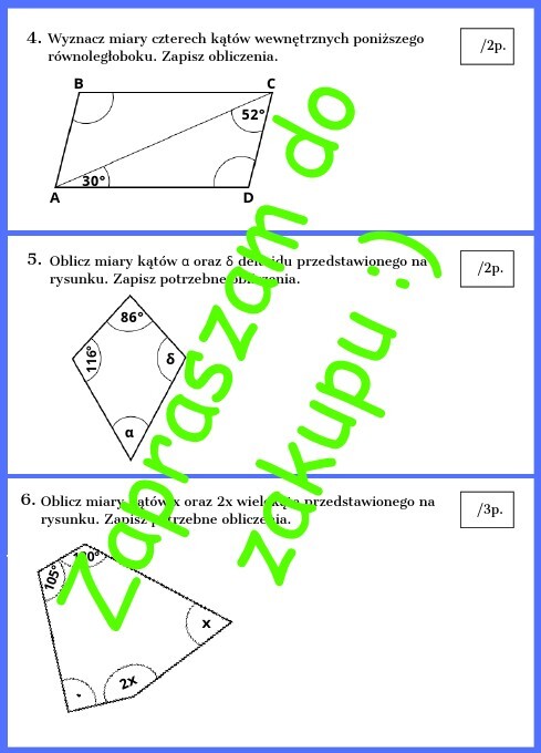 Własności wielokątów oraz kąty w wielokątach - kartkówka lub karta pracy z rozwiązaniem