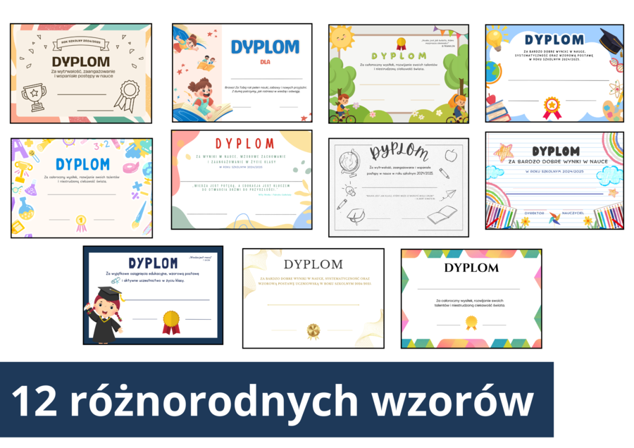 🎓 Zestaw 12 Dyplomów Gratulacyjnych dla Uczniów – PDF A5 do Druku! / Zakończenie roku szkolnego/wkładka do książki
