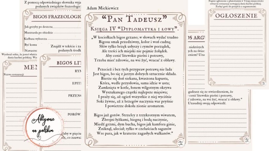 "Pan Tadeusz" - fragment o bigosie, karty pracy (stacje zadaniowe)