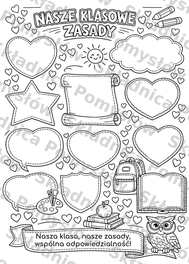 NASZE KLASOWE ZASADY - pakiet: kolorowanka XXL + miniatura A4; dekoracja, gazetka, plakat, karta pracy, lekcja wychowawcza