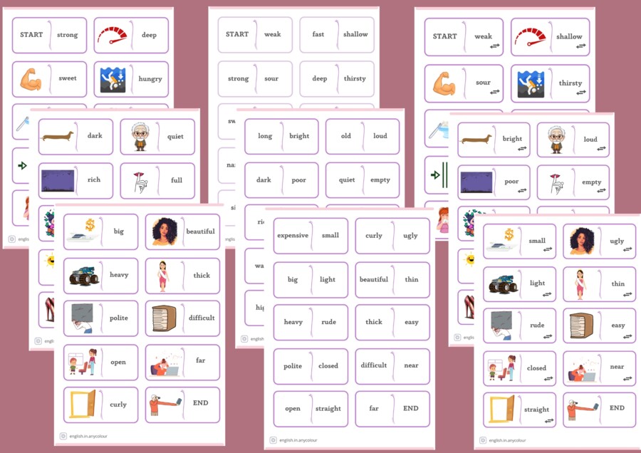 Angielski. A1/A2. Domino; nauka przymiotników. 3 zestawy.