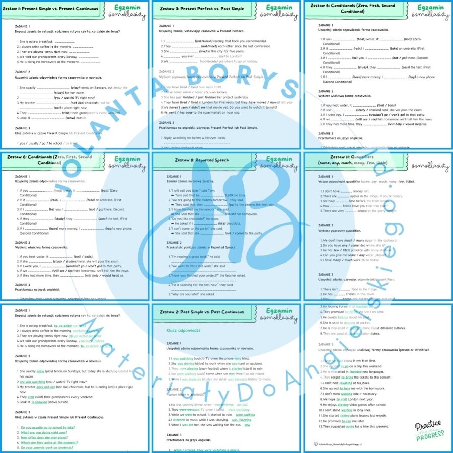 Zestawy gramatyczne dla ósmoklasistów pt. “PRACTICE MAKES PROGRESS”