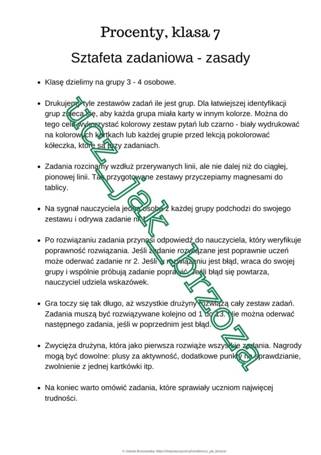 Procenty, zadania tekstowe, klasa 7, sztafeta zadaniowa