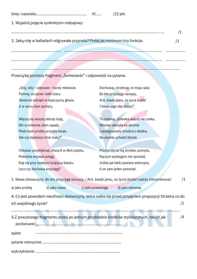 "Świtezianka" i "Lilije" - sprawdzian po omówieniu ballad