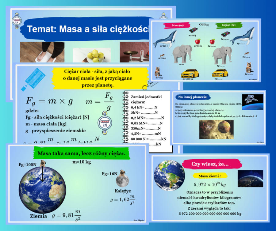 Masa i siła ciężkości. Ciężar. Masa. Fizyka. Prezentacja multimedialna. Fizunia. Mrs_Physics