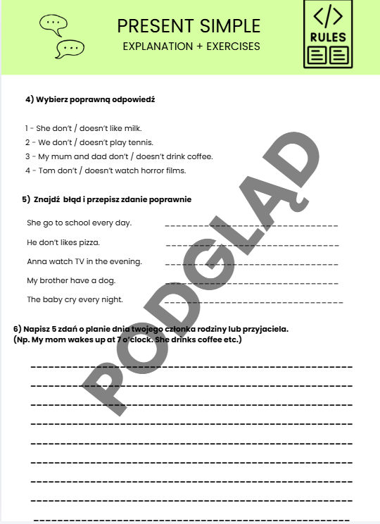 Present Simple - karta pracy wytłumaczenie + zadania