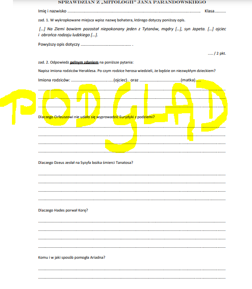 Sprawdzian "Mitologia" Jana Parandowskiego, test mity greckie
