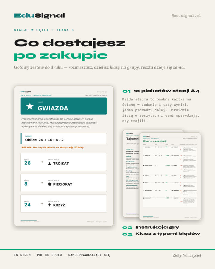 Stacje zadaniowe: Tajemnicze Laboratorium — powtórka po klasie 5 | matematyka klasa 6 | gra z obiegiem po klasie
