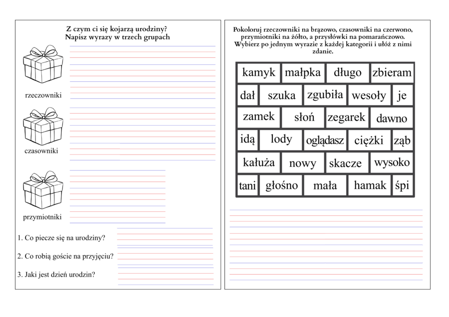 KARTY PRACY klasy 1-3,  CZĘŚCI MOWY: CZASOWNIKI, RZECZOWNIKI, PRZYMIOTNIKI PRZYSŁÓWKI w formie wklejek do zeszytu