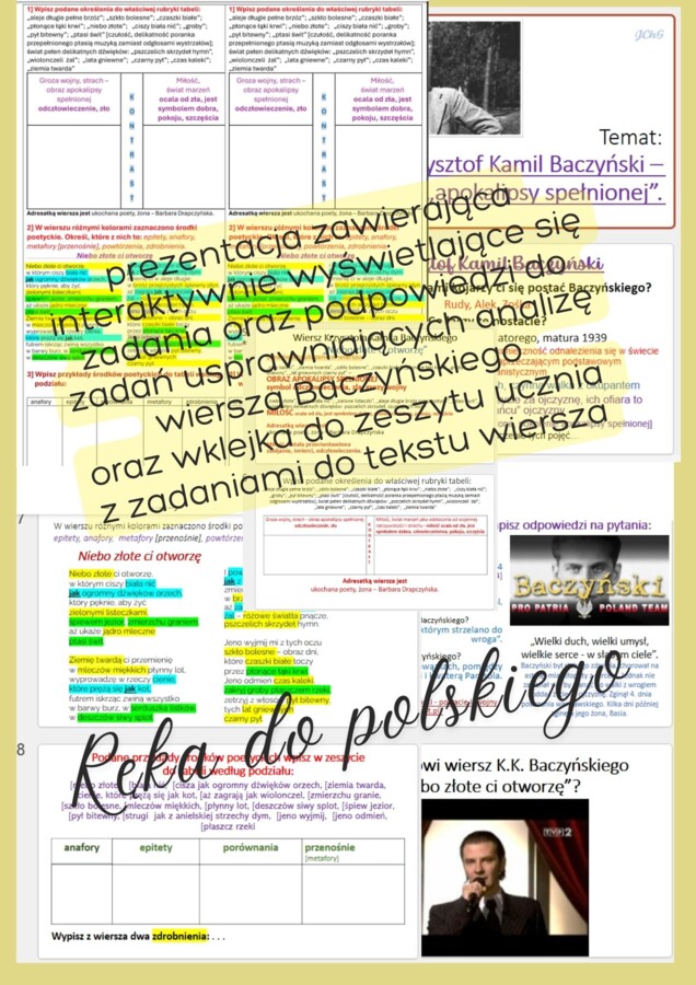 Prezentacja z zadaniami do analizy wiersza NIEBO ZŁOTE CI OTWORZĘ K.K. Baczyńskiego oraz wklejka graficzna do zeszytu