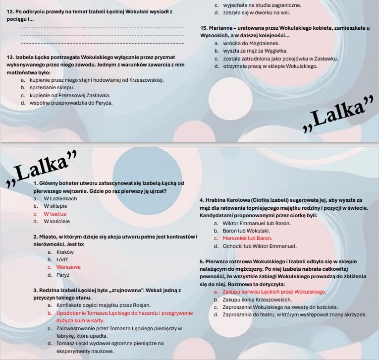 Test wprowadzający z lektury "Lalka"