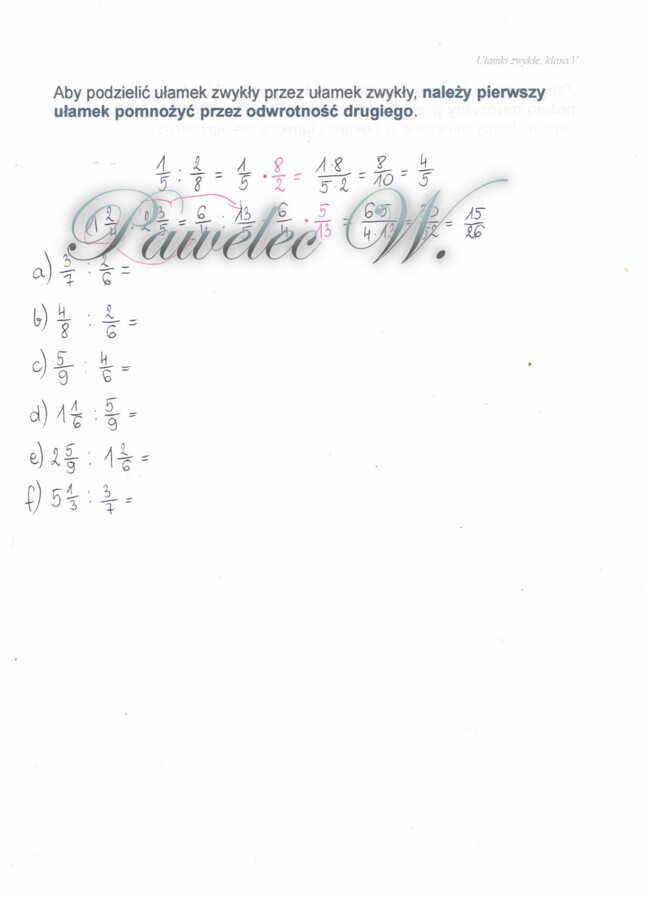 Dzielenie ułamków zwykłych - plakat, karta pracy z wyjaśnieniem i przykładami