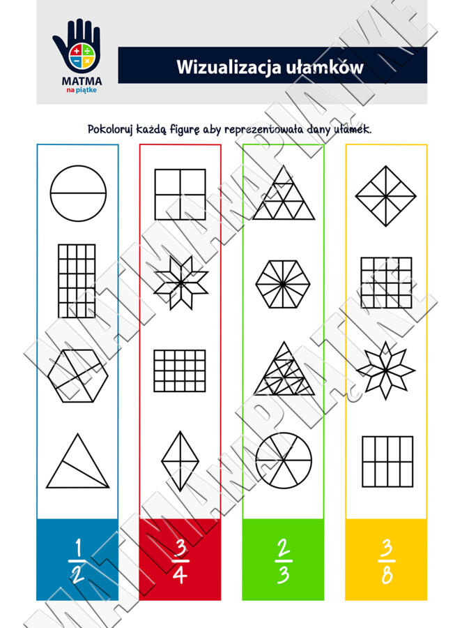Ułamki zwykłe - Szkoła Podstawowa - Klasa 4 / 5 - Klasa Czwarta / Piąta - Ułamek zwykły jako część całości - Karta pracy o ułamkach zwykłych - Powtórzenie ułamków - Kolorowanka z ułamkami zwykłymi - Wizualizacja ułamka zwykłego - Zabawa z ułamkiem - Nauk