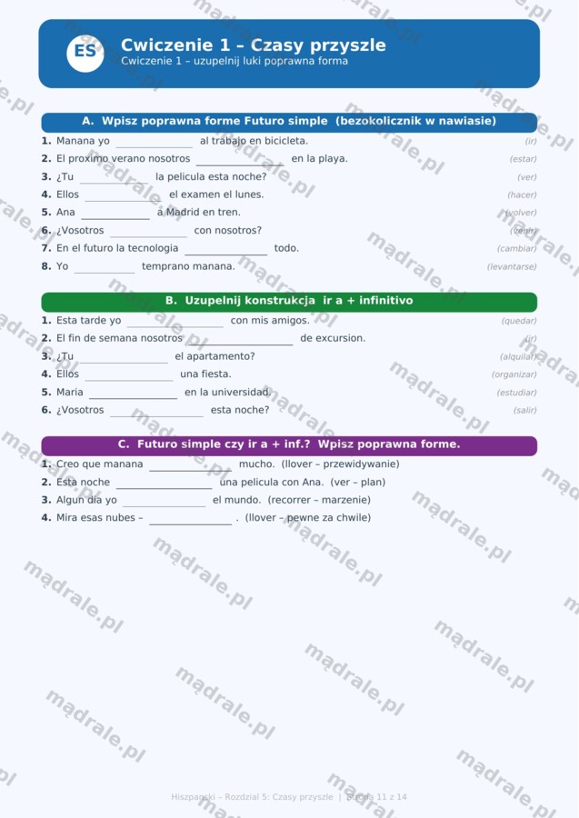 KARTA PRACY "JĘZYK HISZPAŃSKI – ROZDZIAŁ 5: CZASY PRZYSZŁE" + ZADANIA DYDAKTYCZNE + KLUCZ ODPOWIEDZI