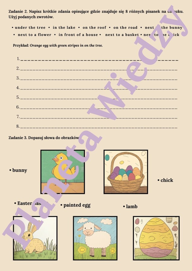 WIELKANOCNA KARTA PRACY- EASTER WORKSHEET_KLASY 1-3: EASTER EGG HUNT, ćwiczenie znajomość kolorów oraz przyimków miejsca, rysowanie własnej pisanki+ ODPOWIEDZI