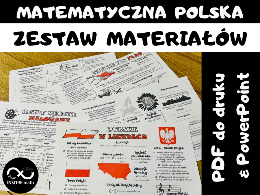 Matematyczna Polska – zestaw materiałów o Polsce. Działania pisemne, ułamki zwykłe i dziesiętne, kolejność wykonywania działań, prędkość, droga i czas, zaokrąglanie liczb, jednostki długości, pole, proporcje, procenty. Dzień Flagi, Święto Niepodległości,