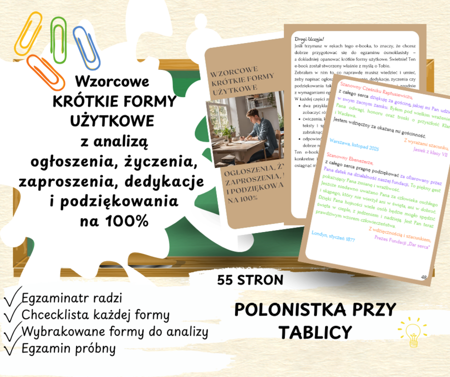 Wzorcowe krótkie formy użytkowe z analizą kolorystyczną ogłoszenie, życzenia, zaproszenie, dedykacja i podziękowanie na 100%