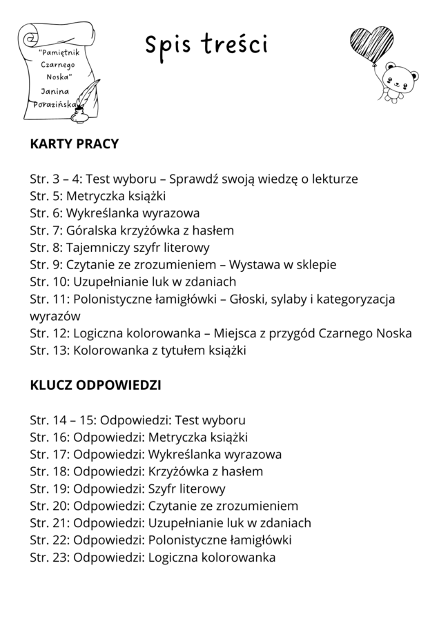 Karty pracy z odpowiedziami - Pamiętnik Czarnego Noska - Janina Porazińska