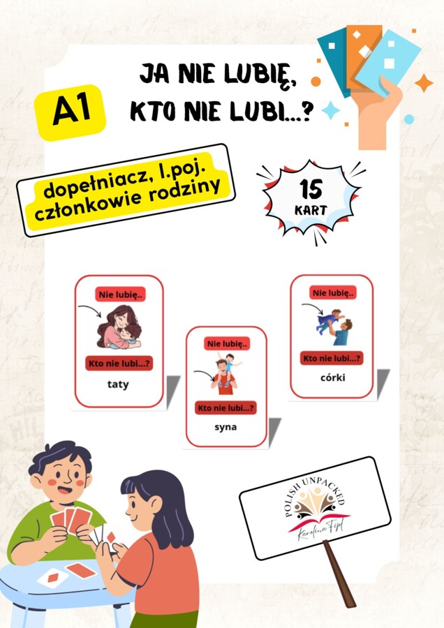 15 kart "nie lubię, kto nie lubi?", członkowie rodziny, dopełniacz A1, jpjo