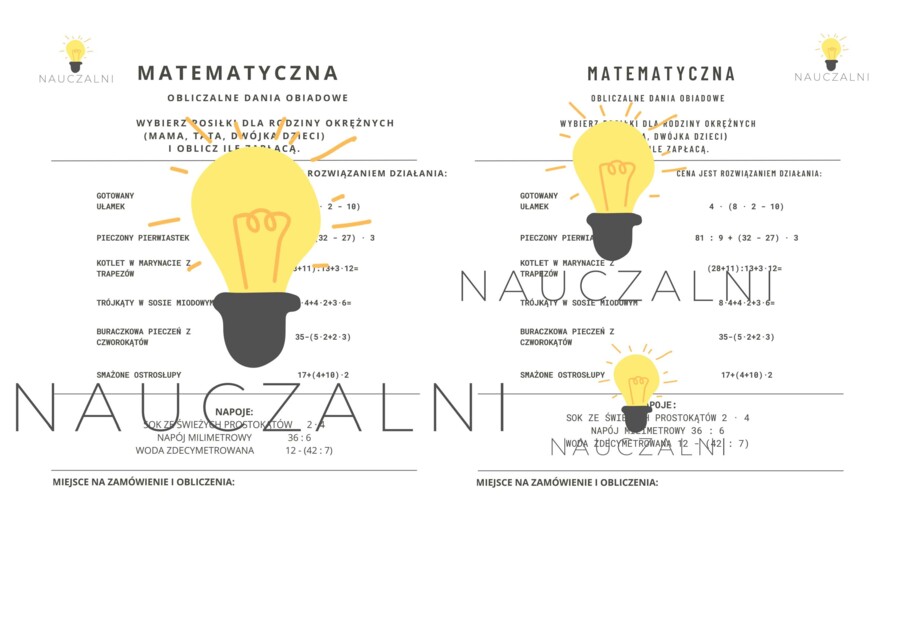 Karta pracy - Restauracja Matematyczna (kolejność wykonywania działań)