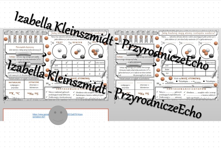 Minizestaw na temat „Izotopy” – sketchnotka + karta pracy w power point + gratisowy link do prezentacji multimedialnej niekomercyjnej wykonanej w genial.ly do indywidualnego pobrania i użycia do celów niekomercyjnych. Chemia 7, „Świat okiem chemika”