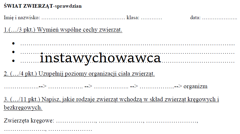 Świat zwierząt-sprawdzian