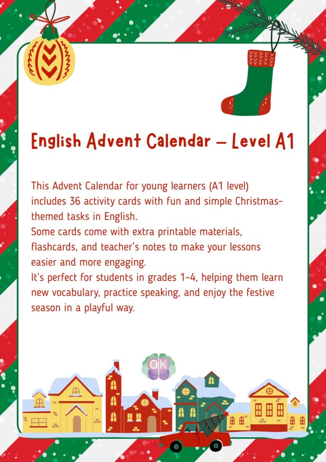 🎄 English Advent Calendar – Poziom A1 🎅29 stron 36 kart pracy i pomysłów na świąteczne lekcje pełne zabawy!kalendarz adwentowy, Boże Narodzenie, dzieci, A1, gry i zabawy, słownictwo, flashcards, pomysły dla nauczyciela, lekcje świąteczne, nauka przez zab