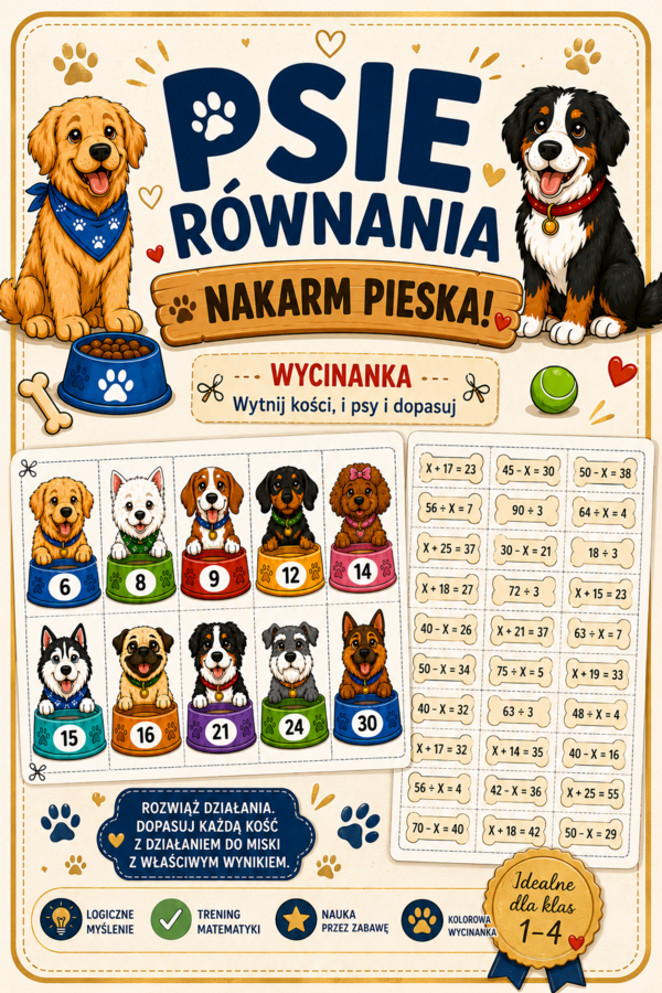 🦴 „Psie równania – Nakarm pieska! Wycinanka matematyczna dla klas 1–4”