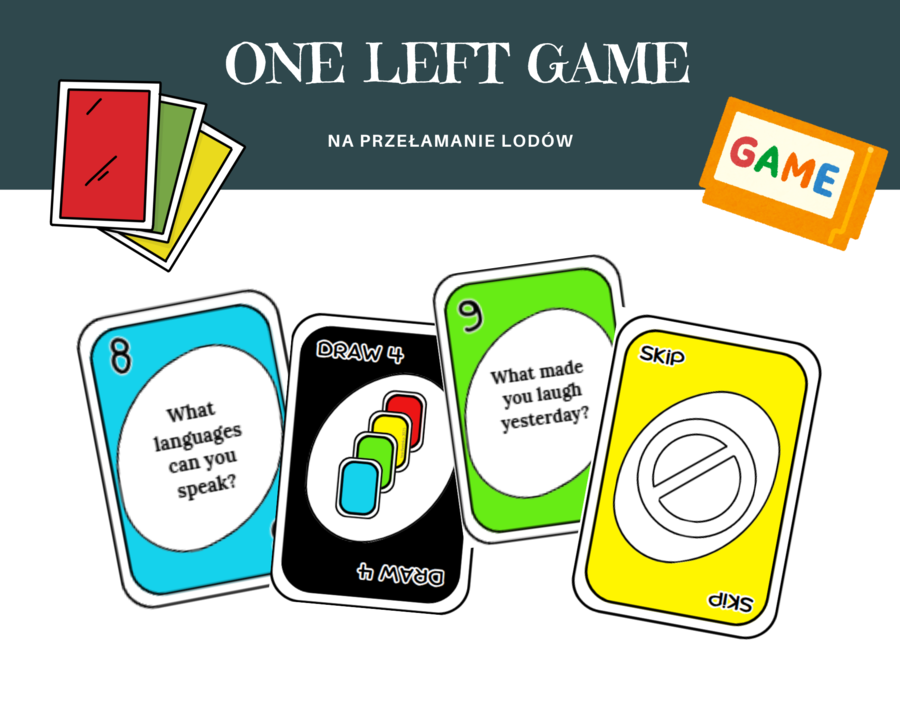ONE LEFT GAME Break the ice Gra Karciana konwersacyjna na przełamanie lodów Pierwsza lekcja Poziom a1-a2 język angielski