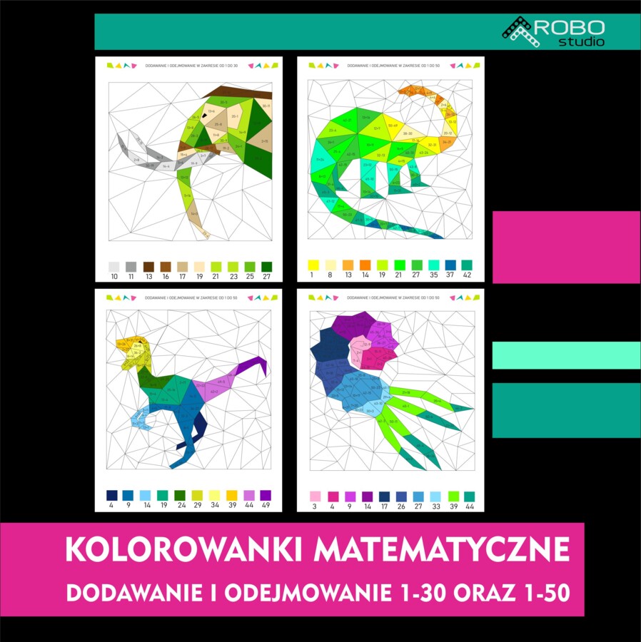 KOLOROWANKA MATEMATYCZNA, dodawanie i odejmowanie 1-50, poziom średni, zestaw na dzień dinozaura
