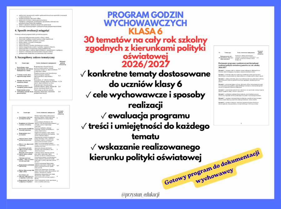 Program godzin wychowawczych – klasa 6 | 30 tematów | Kierunki polityki oświatowej 2026/2027 | #zajęciazwychowawcą #godzinywychowawcze
