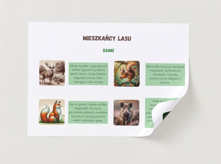 Plansze edukacyjne. Mieszkańcy lasu (ssaki, ptaki, inne zwierzęta, ciekawostki)