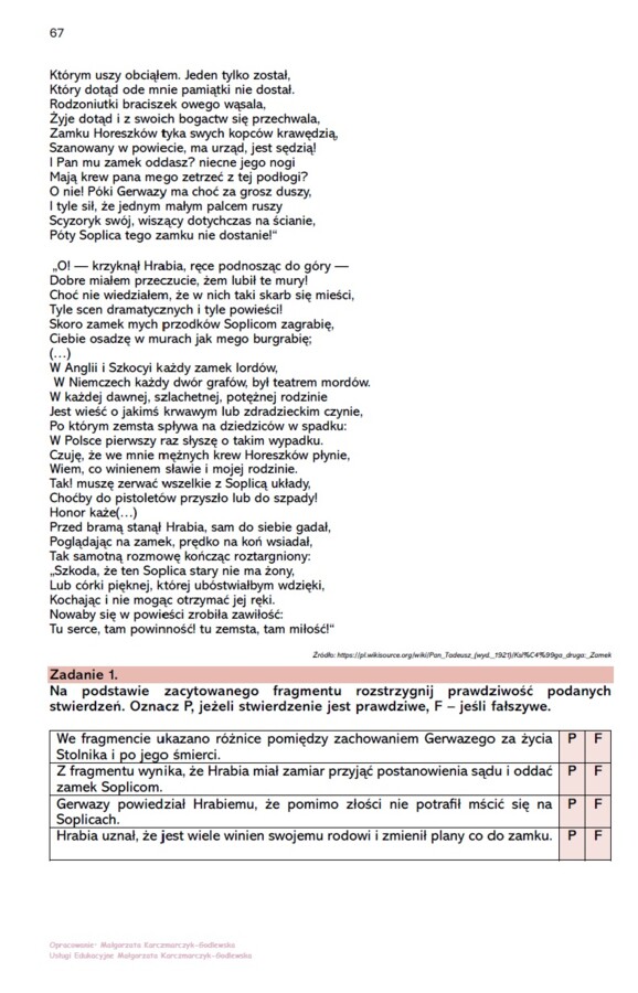 Karta pracy >>Czytanie "Pana Tadeusza"<<