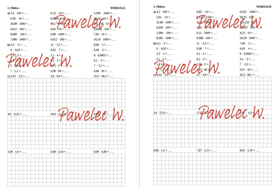 Mnożenie ułamków dziesiętnych - sprawdzian, karta pracy, praca domowa, kl. 6, 7 - 2 grupy/wersje + odpowiedzi