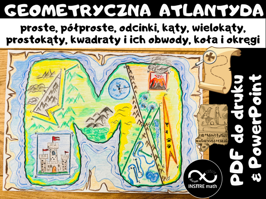 Geometryczna Atlantyda (proste, półproste, odcinki prostopadłe i równoległe, mierzenie długości, rodzaje kątów, mierzenie kątów, wielokąty, prostokąty, kwadraty i ich obwody, koła i okręgi). Projekt Math & Art.