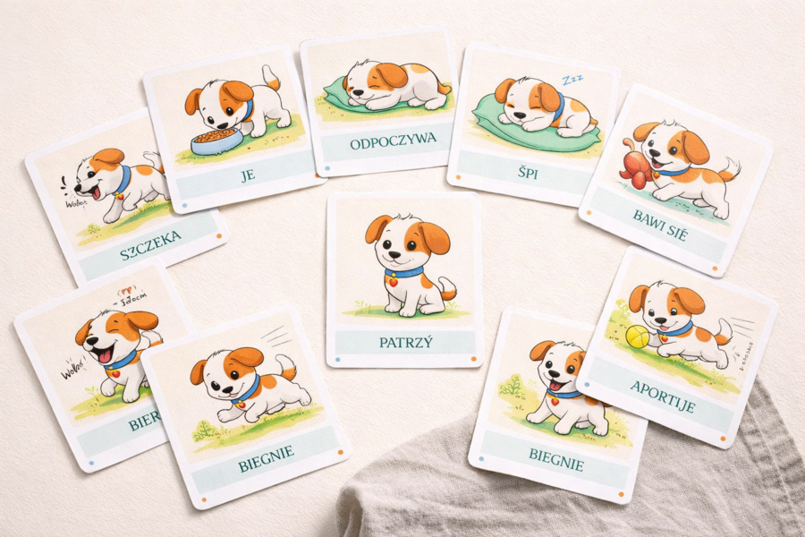 Karty obrazkowe: Co robi Reksio?