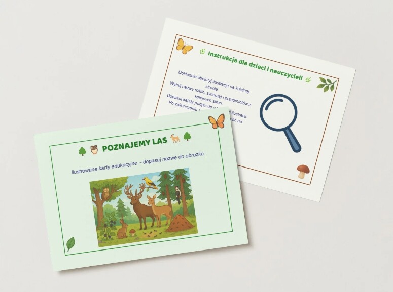 Ilustrowane karty pracy. Dopasuj ilustrację (element lasu) do podpisu.