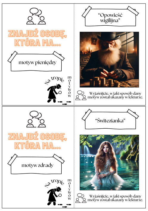 Karty "na tropie motywów literackich", gra dydaktyczna, klasy 7-8 SP