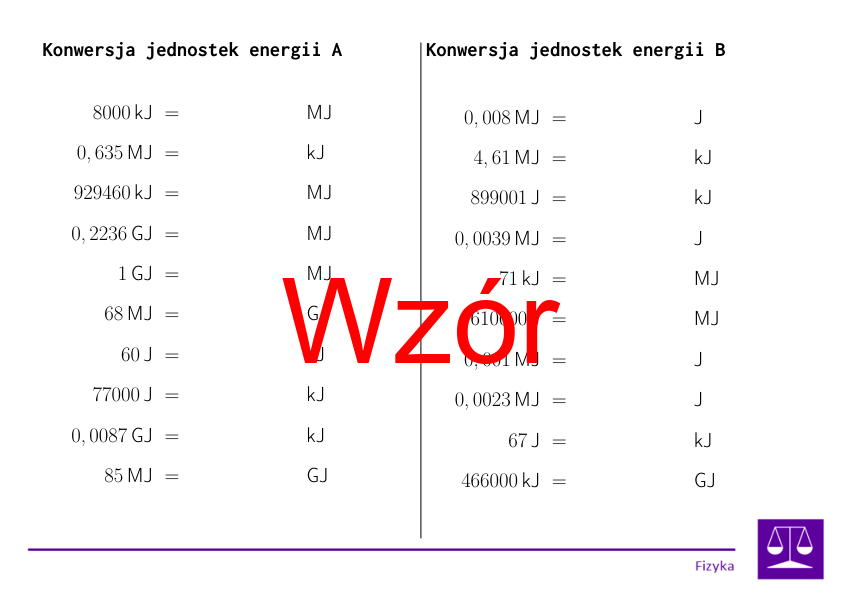Konwersja jednostek energii | matematyka | 26 kolumn