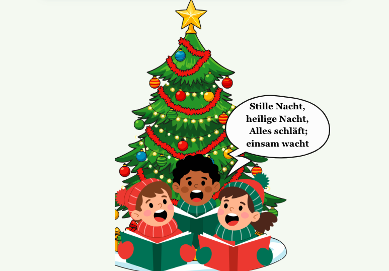 Gazetka w języku niemieckim „Frohe Weihnachten"| Nowoczesna i edukacyjna dekoracja idealna do klasy/biblioteki/korytarza| Główna grafika w formie plakatu 4 x A 4| Kod QR do kolędy " Stille Nacht"