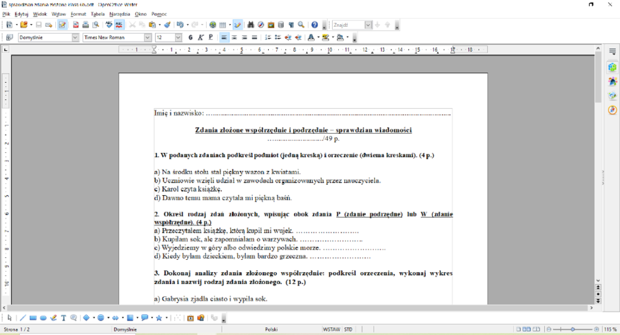 Sprawdzian zdania złożone