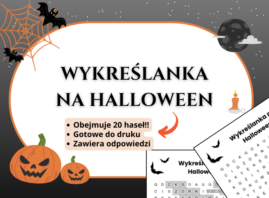 🕸️ Wykreślanka „Halloween” – klasy 1–8, świetlica, godzina wychowawcza, język polski