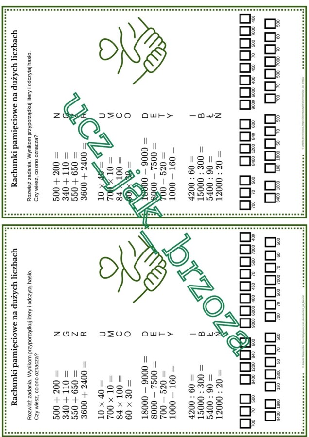 Rachunki pamięciowe na dużych liczbach, karta pracy z hasłem, klasa 4, Dzień Tolerancji
