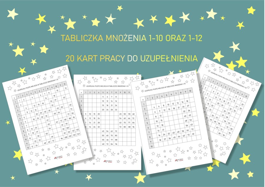Tabliczka mnożenia 1-10 oraz 1-12, do uzupełniania pustych pól-zestaw. Dzień tabliczki mnożenia, nauka, powtórka