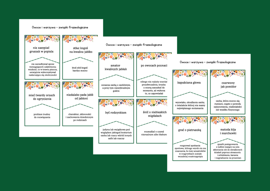 DZIEŃ OWOCÓW I WARZYW - owoce - warzywa – frazeologizmy – ZWIĄZKI FRAZEOLOGICZNE – fiszki – 28 szt. – kl. 4-8 – egzamin – powtórzenie – ćwiczenia