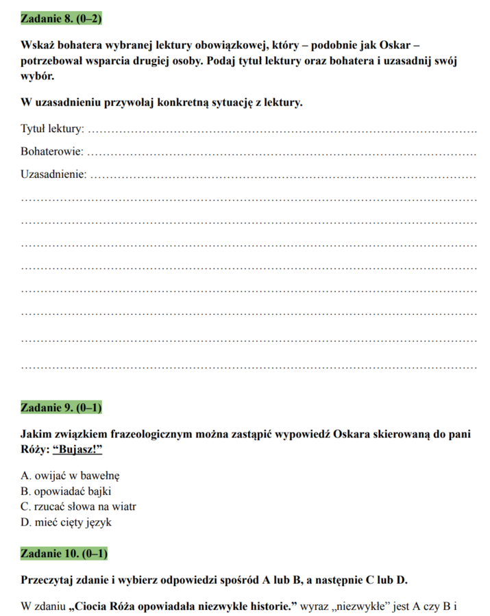 Arkusz egzaminacyjny – z frag. „Oskara i pani Róży” (klasa 8)